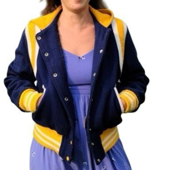 Vintage 80s Royal Yellow Varsity Jacket Women’s Size Medium Zip Up Hoodie Snaps - Picture 2 of 9